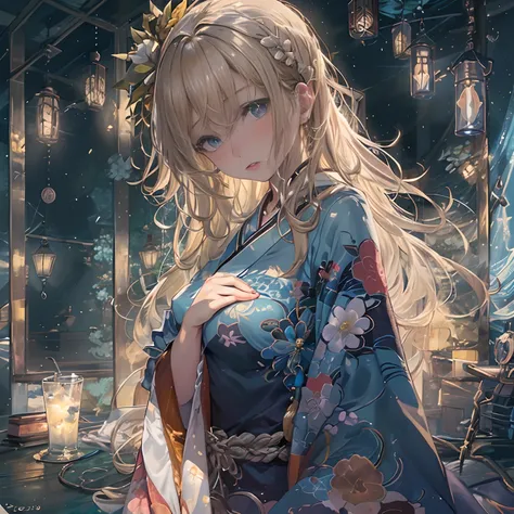 (Best Quality: 1.3, Masterpiece: 1.3), Ultra HD, (1girl, solo), atmospheric perspective, detailed face, upper body, makeup, kimono, shiny skin, (blonde hair), long hair, Looking at In front of the audience, (much blushing), blue eyes, small breasts, slim b...