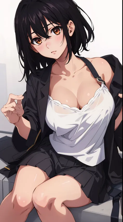 ((masterpiece)), (best quality), 1 girl, himeragi yukina, brown eyes, black hair, hair between eyes, medium hair, medium breasts, perfect anatomy, (((elegant clothes)))