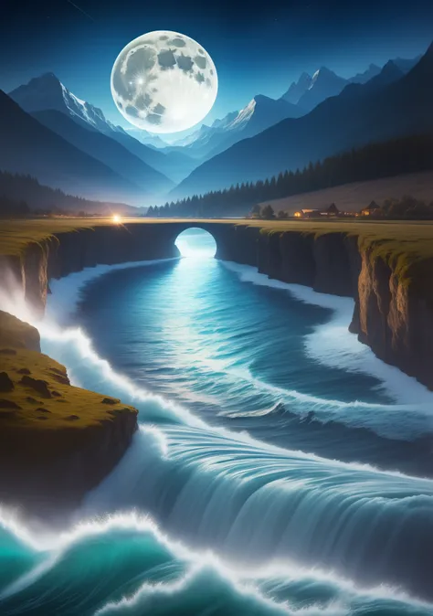 magical sparkling night universe scene, water waves and mountains stretching on both sides, bright full moon, 4k 4k image quality, high definition, deep image, 16:9, 16:9 ratio. --auto --s2