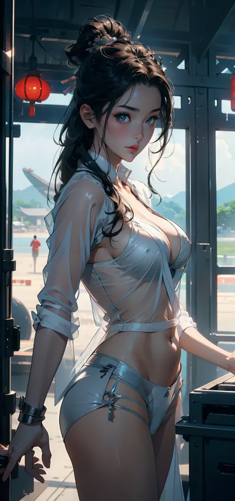 1female，41 years old，熟妇，extremely large bosom ，Pornographic exposure， 独奏，（Background with：aerodrome，Planes，the rainforest，in summer） She has short black hair，bobo head，Workstations within the aircraft，standing on your feet，seen from the front， hair straigh...