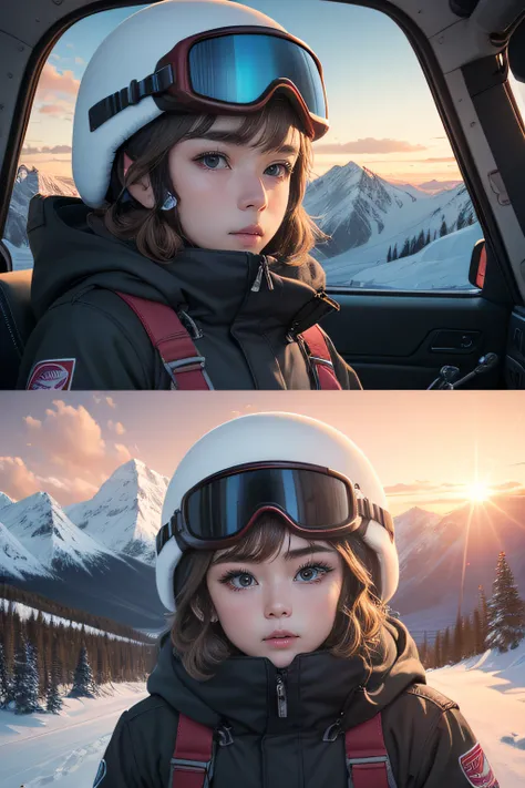 Snowy Mountains, Sunset Helicopter, Kraft Snowsuit, Skis, Helmet, Snow Goggles, Big Eyes, Eyelashes, Nose, Mouth, Handsome --auto