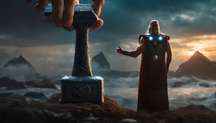 Thors hammer in his hand with Power and futuristic background 4k image