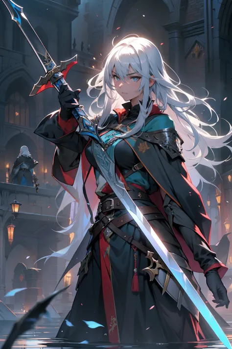 {{Masterpiece}}、{{high-level image quality}}、neons、medieval times、Neat face、A large sword is being thrust into the ground、Silver hair、The Strongest Warrior、cloaks、gloves、water magic