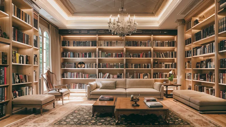 There is a sofa and a bookshelf in the living room, wall to wall bookcases, bookshelves, bookshelves, bookshelf, books all over the place, book shelf small library, small library, high ceiling, bookshelves, Book case, very tall ceilings, tall ceilings, liv...