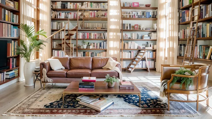 There is a sofa and a bookshelf in the living room, wall to wall bookcases, bookshelves, bookshelves, bookshelf, books all over the place, book shelf small library, small library, high ceiling, bookshelves, Book case, very tall ceilings, tall ceilings, liv...