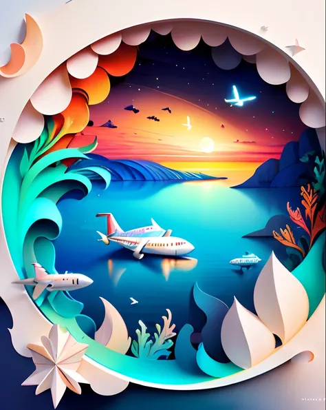 "SeaArt" title using artistic font, realistic, airplane, Softlight,(warm color:1.2),Water color painting,light background,best quality exquisite details,3d rendering,Octane render,pastel, Moon, river, storm, ultra high quality,(paper_cut:1.15) (:nature:) (...