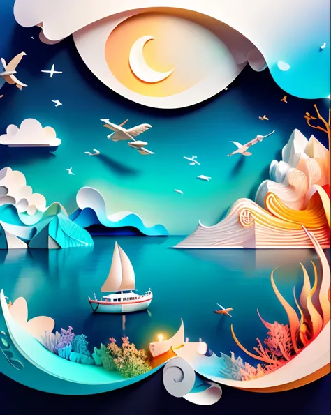 "SeaArt" title using artistic font, realistic, airplane, Softlight,(warm color:1.2),Water color painting,light background,best quality exquisite details,3d rendering,Octane render,pastel, Moon, river, storm, ultra high quality,(paper_cut:1.15) (:nature:) (...