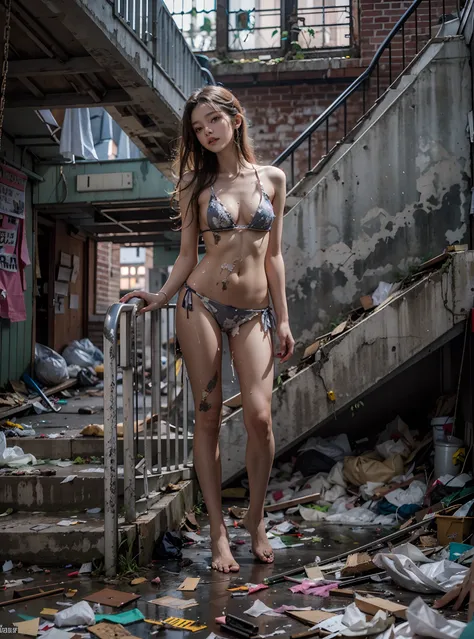 tmasterpiece，Abandoned building stairwell，Garbage all over the ground，grimy，full-body portraits，Sexy standing pose，very beautiful long slim legs，The barefoot，Naked all over the body，full body exposed，exhibitionists，Systemic random exposure