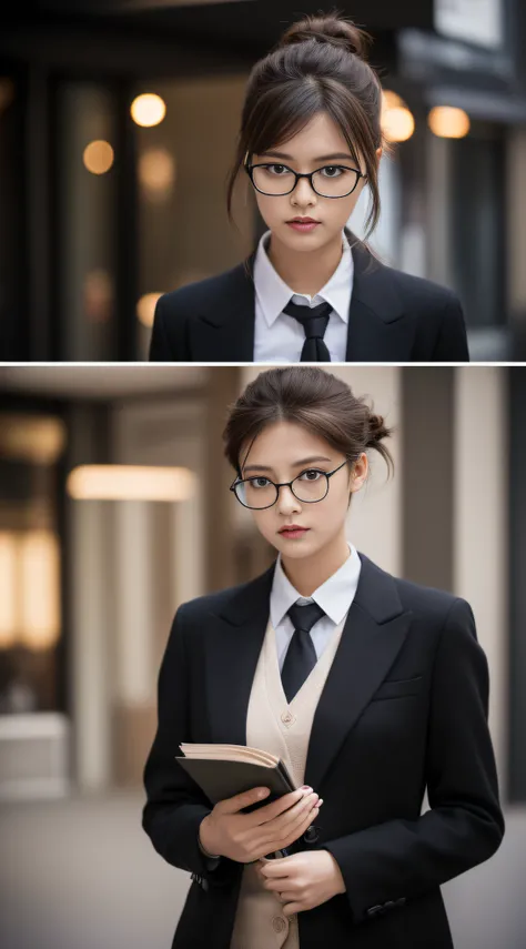 ((Day, Best quality, 8k, Masterpiece:1.3, Realistic)), Whole body, Long legs:1.2, Sharp Focus:1.2, A pretty woman with perfect figure, Slender abs, ((1 girl, Bun dark brown hair, Medium breasts)), ((Black working suit, coat, Black necktie, Black pencil pan...