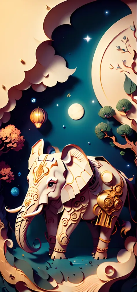 (((masterpiece))),best quality,illustration,beautiful,detailed,shine,paper_cut,elephant,tree, big moon, origami