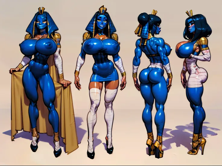 ((masterpiece)),(((best quality))),((character design sheet)), ((full body view)) ((mummy girl)) mature face, defined cheekbones, high cheekbones, illustration, bandaged all over body, muscular, ((bandaged:1.4)), sexy bimbo, (gigantic breasts:1.7) black ha...