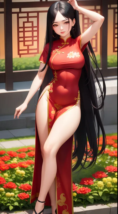 solo, 1 mature woman, long black hair, brown eyes, wearing red cheongsam, black stocking, 8k resolution, ultra-detailed, masterpiece, highest quality, (flower garden), (chinese building background),