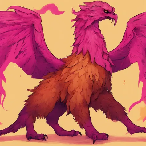 Owlbear, orange-brown with fuchsia markings, vivid pink scorpion tail and scorpion claws, masterpiece, best quality