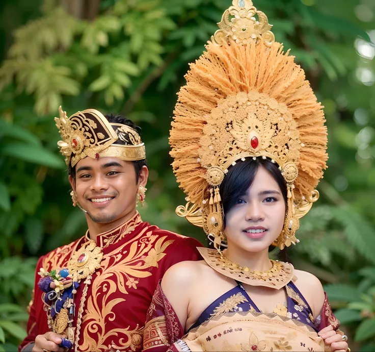 High quality image, masterpiece, detailed hair texture, detailed skin texture, detailed cloth texture, 8k, ultra detailed skin texture, skin pores, portrait of a man and a woman, wearing a bali culture wedding clothes