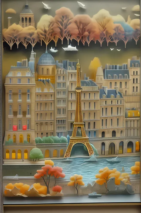 a colorful scenic paper cut art of Paris, best details, best quality, 16K, [ultra detailed], masterpiece, best quality, (ultra detailed), full body, ultra wide shot, photorealistic,