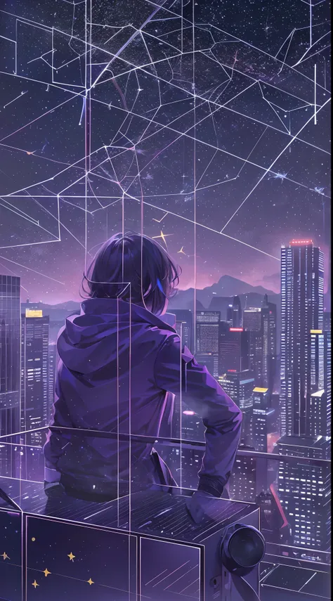 starry sky with the constellations of the zodiac, shades of purple as if they were nebulae, vast space, cyberpunk city at the bottom,