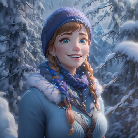 (masterpiece:1.4), (best qualit:1.4), (high resolution:1.4), 
anna of arendelle, purple cap, twin braids, winter mountain outfit,
outdoos, ice, winter, snow, forest,
looking at viewer, smile, photo-realistic, octane render, unreal engine, ultra-realistic