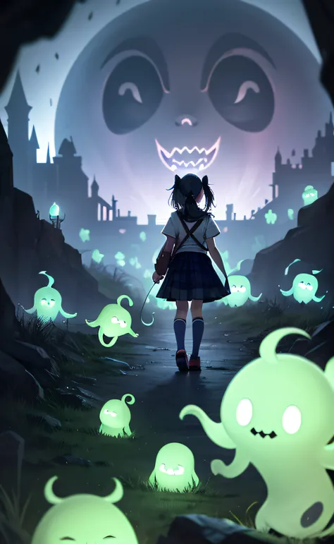 masterpiece, best quality, schoolgirl exploring a haunted theme park, haunted by cute chibi ghosts, cute, whimsical, glow, glowing, fun, silly, mystical, magical, arcane, funny, amusing