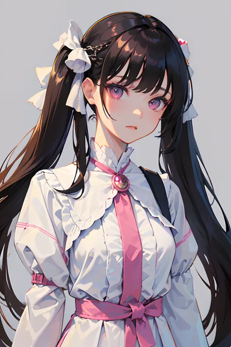 ((masterpiece, best quality)), (1girl), (solo), (female focus), (hime hair, black hair, twintail, straight bangs),pink eyes,((white outfit)), portraits, hand behind body, close up, upper body, spring season background