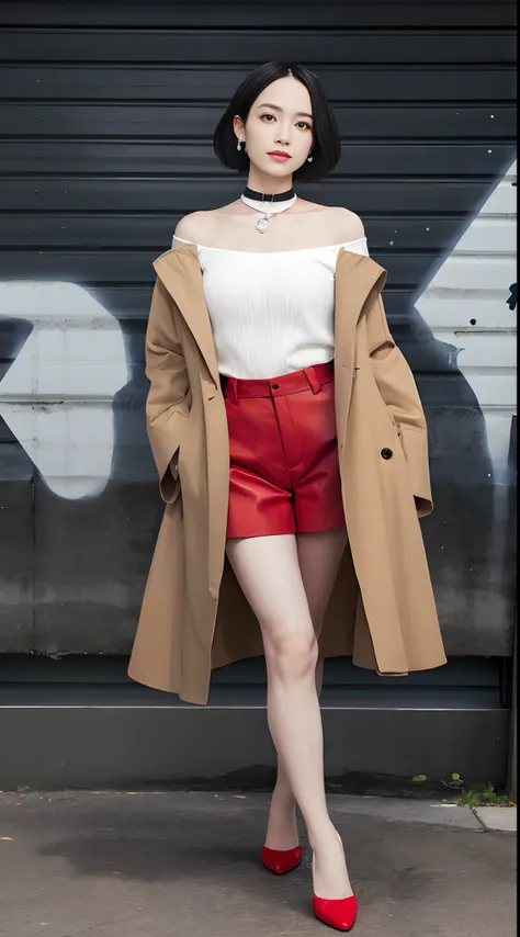 (masutepiece, Best Quality, 1girl in, Solo, Fine detail, chromatic abberation), Realistic, (Medium Breath)), pixie short hair, Sharp eyes, Choker,off shoulder shirt、slender long legs、long legged、((beauty legs)), pin heels、Open coat, (Symmetrical eyes), (Pe...