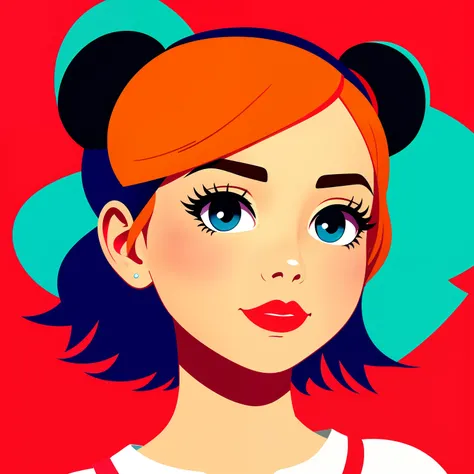 A girl head above the shoulder, Disney style, graffiti art, flat illustration style, minimalist, red background.