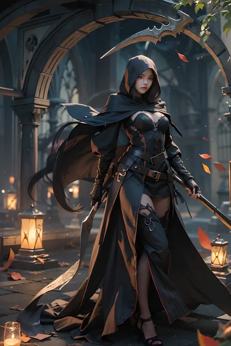 Cute hooded girl,The Grim Reaper emerges from the swirling shadows.Stand in the Cemetery of Forgotten Souls.(Female Grim Reaper Protecting a Girl from Behind:1.3,)Wielding a scythe,(Light brown and light orange striped hair:1.3,),Dark makeup,Beautiful brea...