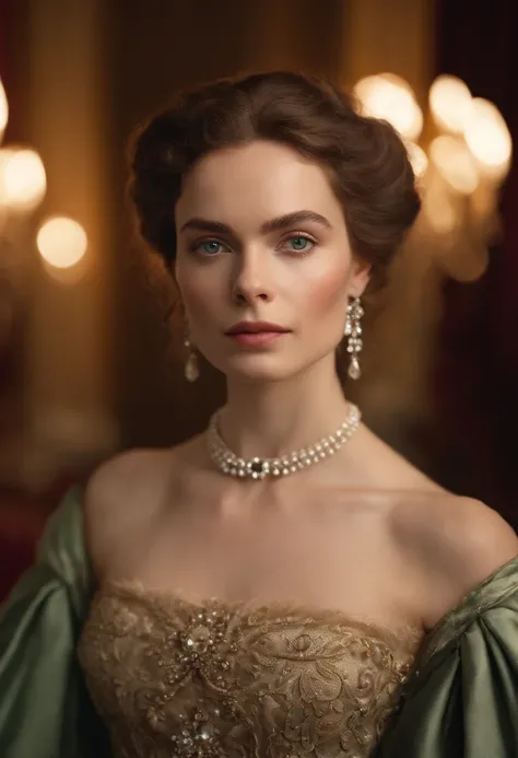 At a party in a ballroom, in a mansion in regency era London, a beautiful young victorian woman, middle-aged woman, 25 years old, wearing a victorian ball gown with bare shoulders, covering her arms with an extremely luxurious coat, white skin, updo hair, ...