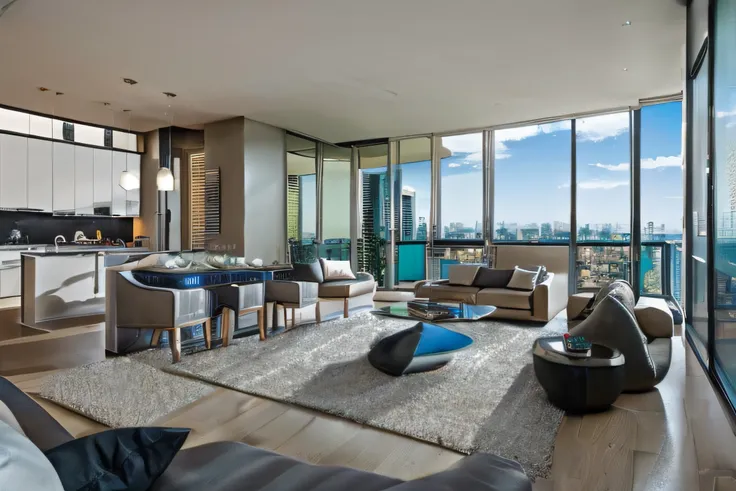 ultra-detailed, highres, 4k, (modern design apartment, upscale penthouse), luxurious feel, spacious and open layout, panoramic city views, floor-to-ceiling windows, designer furniture and fixtures, sleek and minimalistic aesthetics, state-of-the-art techno...