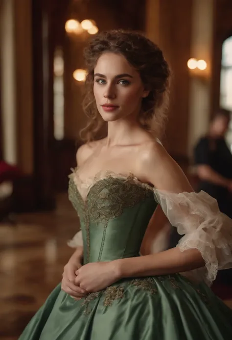 At a party in a ballroom, in a mansion in a large metropolis in the United States, a beautiful sexy victorian woman, wearing a stunning victorian ball gown with bare shoulders, 20 years old, white skin, brown hair, green eyes, extremely detailed light haze...