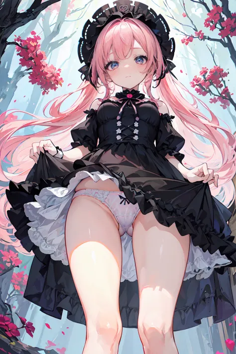 ((best quality, 8k, masterpiece:1.2, nsfw ),Cutest,Cute girl,solo,mesugaki,Beautiful face,Beautiful eyes,Beautiful hair, Light pink hair,break,Lots of colorful flowers,break,Gothic Lolita in dark tones,break,eyeshadows,eye liner,Front Focus,Voluminous ligh...