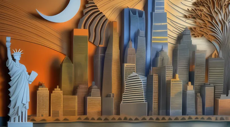 a colorful scenic (paper cut art: 1.5) of Manhattan skyline at dawn, a masterpiece award winning (paper cut art picture: 1.5), Manhattan skyline sky scrappers, Hudson river, at dawn, best details, best quality, 16K, [ultra detailed], masterpiece, best qual...