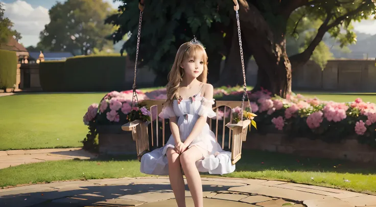 Masterpiece, photography, realistic, 1girl, swing, (sitting in the swing), devine light, cloud, flower garden, (paradise flower), ((full body shot)), ((beautiful leg)), (tiara), ((beautiful face)), ((innocent smile)), ((calm eyes)),