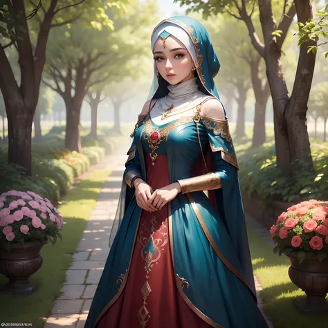 Use machine learning algorithms to create a 3D model of a 25-year-old Gjavanese female with a white face and blue eyes, wearing a hejab and red ballgown dress with silver jewelry art. The subject is standing in a green garden, with trees and flowers in the...