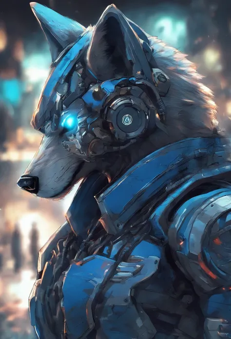 top-quality, Dramatic Writing,Blue glowing eyeballs， menacing pose, fierce look, epic atmosphere, (((Helmet in the shape of a wolfs head))), (((Full body shot))),Metal Wolf, cyborgs, Cyberpunk style, Clockwork, ((Intricate details)), nffsw, ((Intricate det...