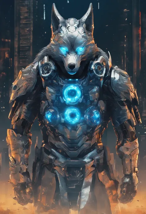 top-quality, Dramatic Writing,Blue glowing eyeballs， menacing pose, fierce look, epic atmosphere, (((Helmet in the shape of a wolfs head))), (((Full body shot))),Metal Wolf, cyborgs, Cyberpunk style, Clockwork, ((Intricate details)), nffsw, ((Intricate det...