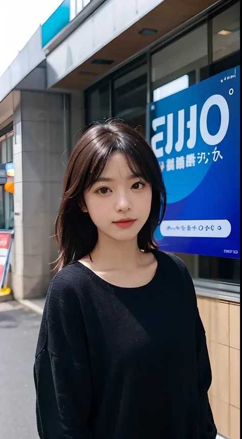 arafed woman standing in front of a sign that says erigoo, fujita goro, eichiro oda, by elena guro, shot with sigma f / 4. 2, sh...