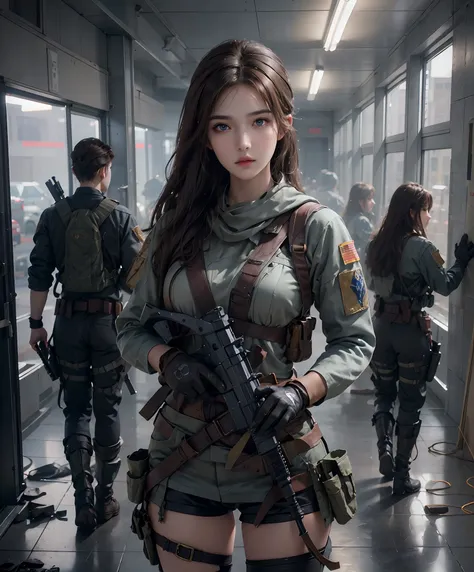 photorealistic, high resolution, 1 women, solo, hips up, look at viewer, (detailed face), brown hair, long hair, innocent blue eyes, super detailed face, 8k ultra detailed, soldier girl, weapon