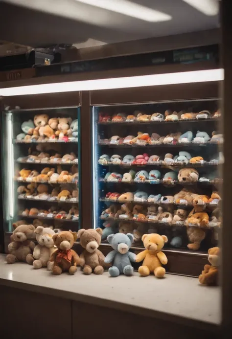 There is a vending machine with stuffed animals, jogo arcade, Arcade Machine, um arcade movimentado, Arcade machines, Invasion of TripMachines, Dunkey do videogame, brinquedo infantil, childrens toy, brinquedos infantis, childrens toy, broken toys are scat...