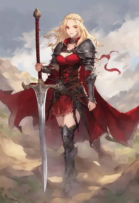 Faraway view，tmasterpiece，rich details​，1girll, solo person，Blonde hair，long whitr hair，Red eyes，Royal sister face，mature，Adult females are plump，huge tit，Black armor，Heavy armor，Covered with pure black steel armor，The whole body shows only the face，shelme...