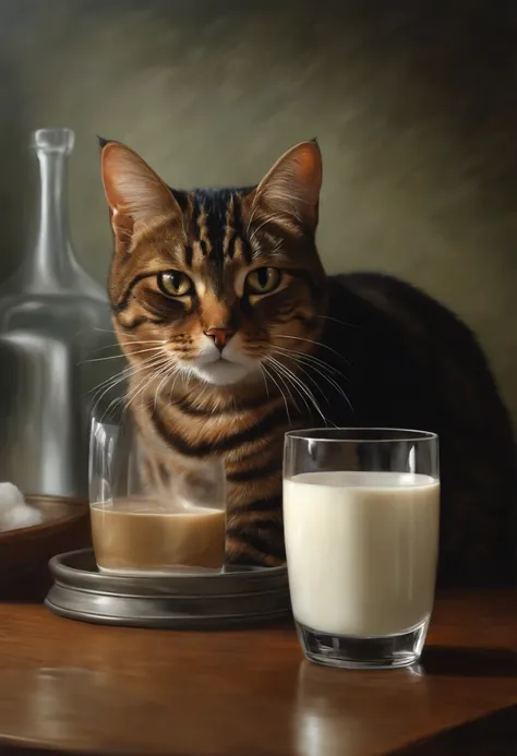 There was a cat sitting next to a glass of milk, cat drinking milk, Illustration of 1 cat, Ultra-Realistic Illustrations, Ultra-Realistic Illustrations, Hyper-realistic illustration, A cat. Realistic painting, author：Wayne England, Realistic illustration, ...