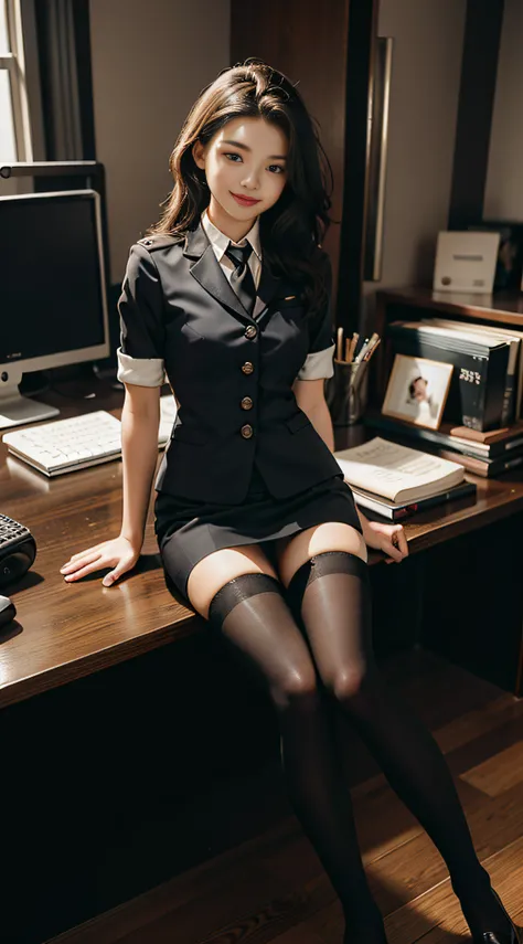 Best Quality, Full Body Portrait, Cinematic Texture Shot, Exquisite Face, Beautiful Face, 20 Year Old Woman, Smiling, Slim Figure, Small Bust, OL Uniform, Office Wear, Black Stockings, Interior Scene, Office, Seated