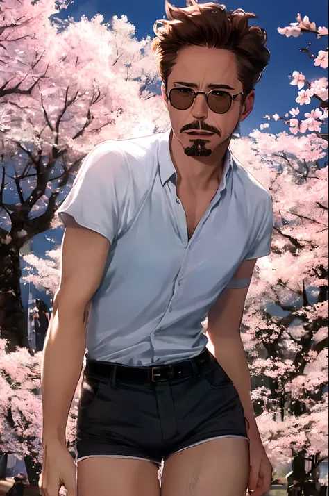 Robert Downey as a 16 year old girl, large loose plain shirt, tiny shorts, black tights to the waist, exposed thighs, very fair skin, Robert Downeys haircut, Mustache and goatee, Saolin temple, cherry blossom, Lighting indirect, volumetric light, hyper-det...