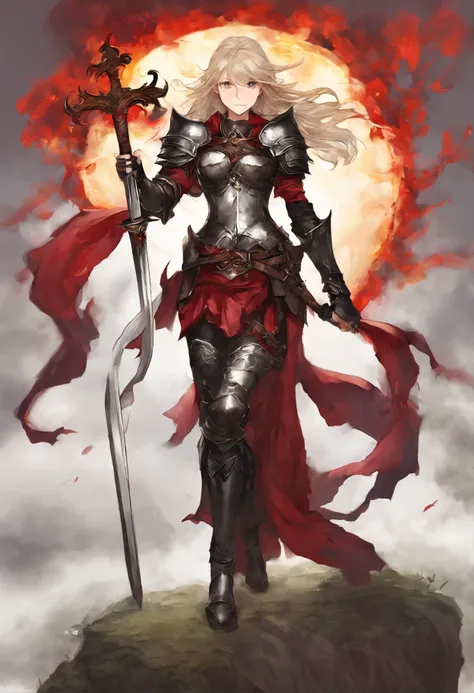 Faraway view，tmasterpiece，rich details​，1girll, solo person，Blonde hair，long whitr hair，Red eyes，Royal sister face，mature，Adult females are plump，huge tit，Black armor，Heavy armor，Covered with pure black steel armor，The whole body shows only the face，shelme...