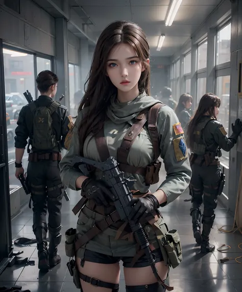 photorealistic, high resolution, 1 women, solo, hips up, look at viewer, (detailed face), brown hair, long hair, innocent blue eyes, super detailed face, 8k ultra detailed, soldier girl, weapon, black custom