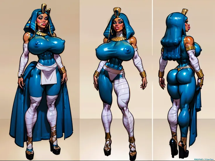 ((masterpiece)),(((best quality))),((character design sheet)), ((full body view)) ((mummy girl)) mature face, defined cheekbones, high cheekbones, illustration, bandaged all over body, muscular, ((bandaged:1.4)), sexy bimbo, (gigantic breasts:1.7) black ha...