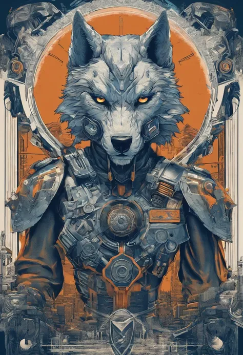 top-quality, Dramatic Writing,Blue glowing eyeballs， menacing pose, fierce look, epic atmosphere, (((Helmet in the shape of a wolfs head))), (((Full body shot))),Metal Wolf, cyborgs, Cyberpunk style, Clockwork, ((Intricate details)), nffsw, ((Intricate det...