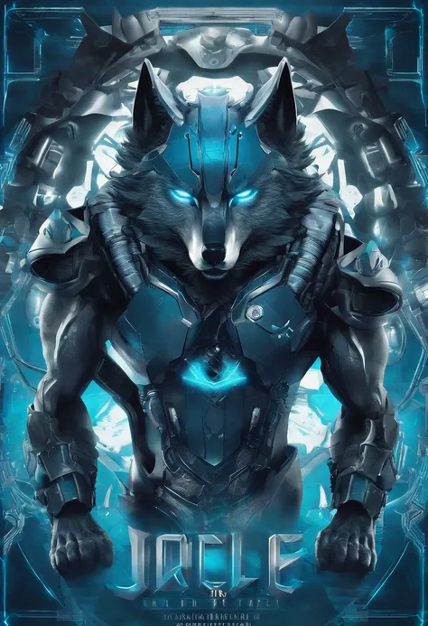 top-quality, Dramatic Writing,Blue glowing eyeballs， menacing pose, fierce look, epic atmosphere, (((Helmet in the shape of a wolfs head))), (((Full body shot))),Metal Wolf, cyborgs, Cyberpunk style, Clockwork, ((Intricate details)), nffsw, ((Intricate det...