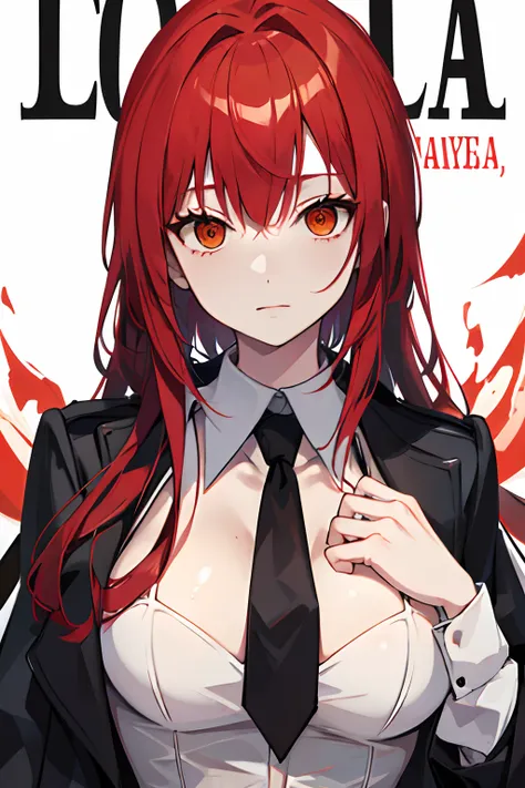 (masuter piece,Best Quality,Ultra-detailed), (A detailed face),Makima, 1 adult female, Solo, Red hair, Golden Eyes, bangss, flat-chest, white  shirt, Black tie,Black jacket, (in bad: 1.2), Looking at the viewer, (interview: 1.3), From  above, sharp contras...