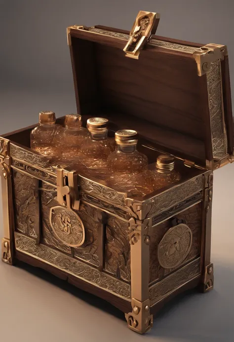 A treasure chest,Ancient Chinese style,Copper wire,High-quality wood,There is 1 bottle of liquor inside,