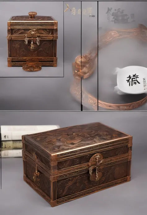 A treasure chest,Ancient Chinese style,Copper wire,High-quality wood,There is 1 bottle of liquor inside,